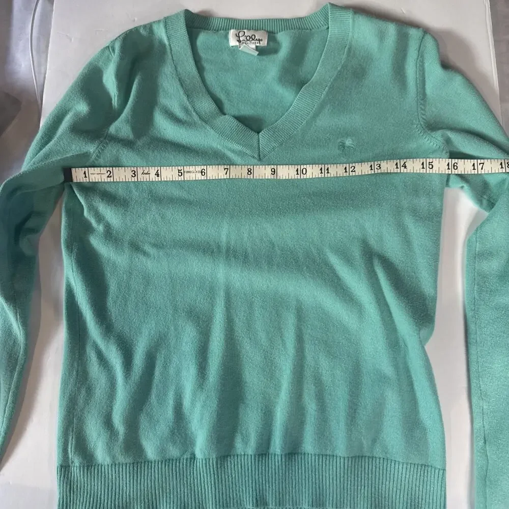 Vintage Lilly Pulitzer Solid Green V-Neck Pullover Sweater‎ Palm Tree Logo Sz XS